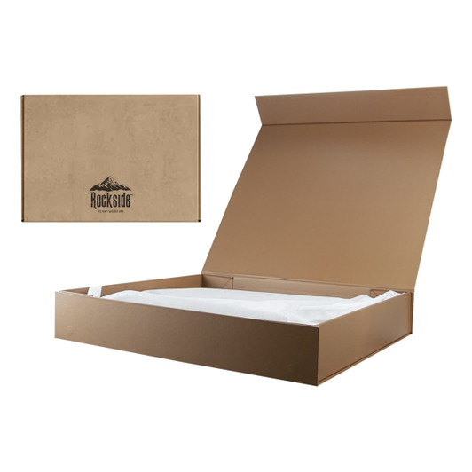 A brown kraft paper box with a hinged lid, featuring a logo, inside lined with white tissue paper.