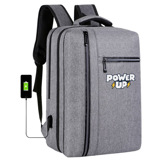 A grey backpack with a front zipper pocket, featuring a logo and a USB charging port.