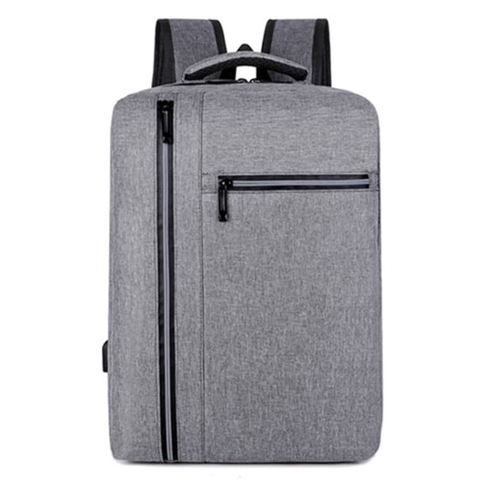 A grey laptop backpack with a main compartment and two front zippered pockets, featuring a handle and padded straps.