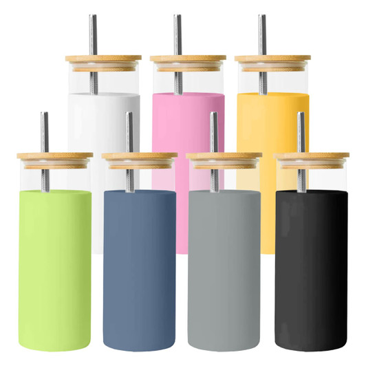 A drink bottle set featuring eight colours: white, pink, yellow, green, grey, black, and blue, with bamboo lids and straws.