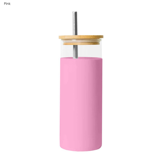 A drink bottle with a transparent glass body and a pink silicone sleeve, featuring a wooden lid and straw.