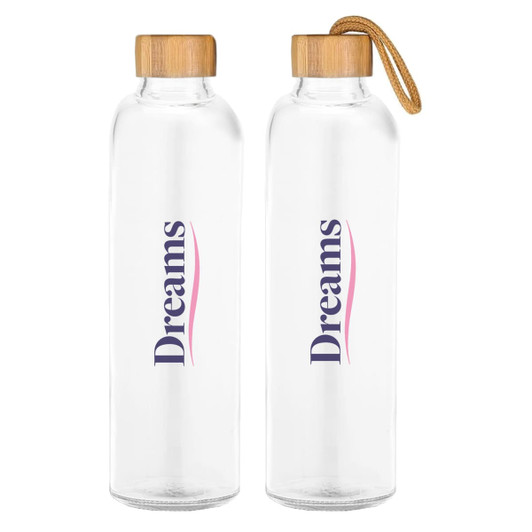 A drink bottle made of clear glass with a bamboo lid and a rope handle, featuring a logo on the front.