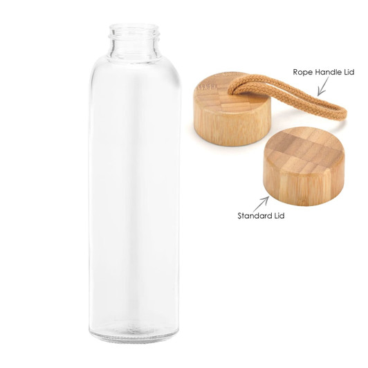 A drink bottle with a clear glass body and two bamboo lid options, one with a rope handle.
