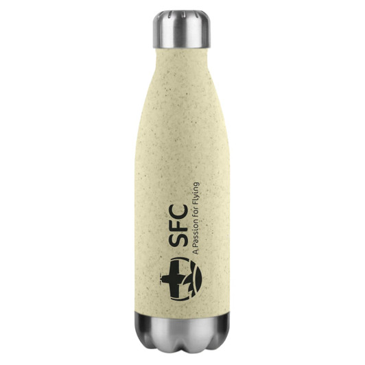 A drink bottle in light beige with a stainless steel cap and a logo printed on the front.