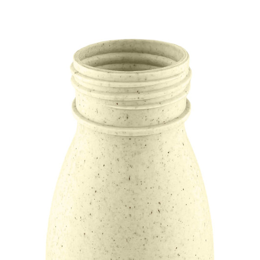A drink bottle in a light beige colour, made from wheat straw, with a textured surface and a screw-top opening.