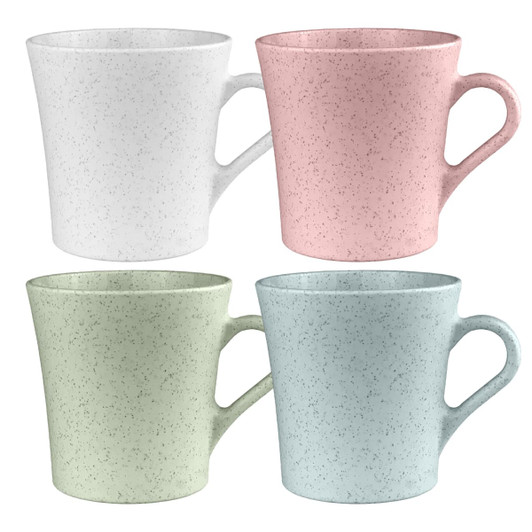 A drink bottle set featuring four reusable cups in white, pink, green, and blue with speckled finishes. Each cup has a handle and a logo.
