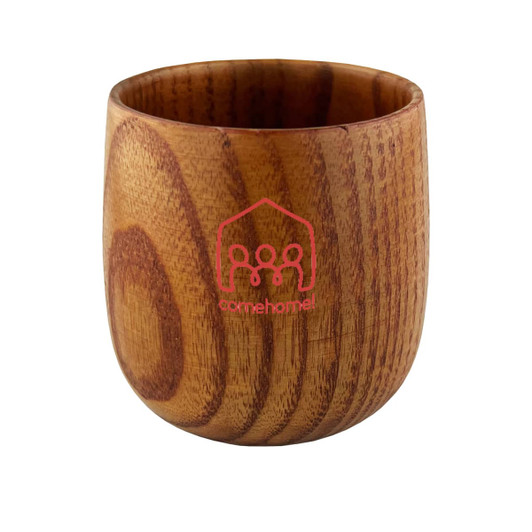 A small wooden coffee cup with a natural wood finish and rounded shape, featuring a logo.