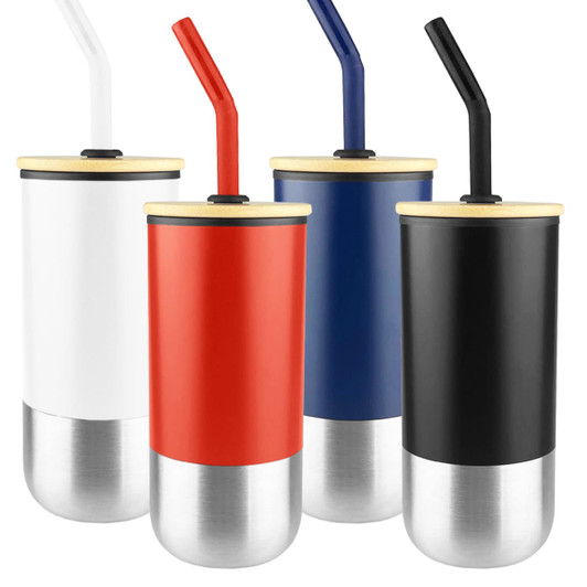 A travel mug collection featuring white, red, navy, and black mugs with bamboo lids and reusable straws.