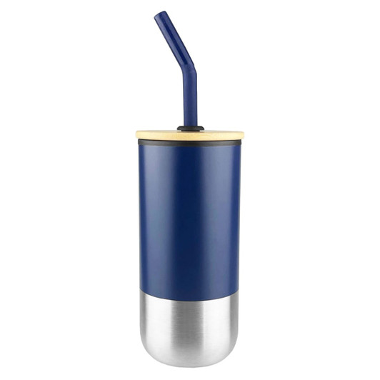 A travel mug with a navy blue upper section, stainless steel base, and a black straw lid. It features a logo.