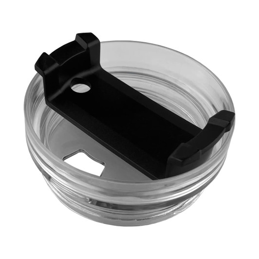 A clear travel mug with a black grip holder, featuring a circular opening and a sleek design.