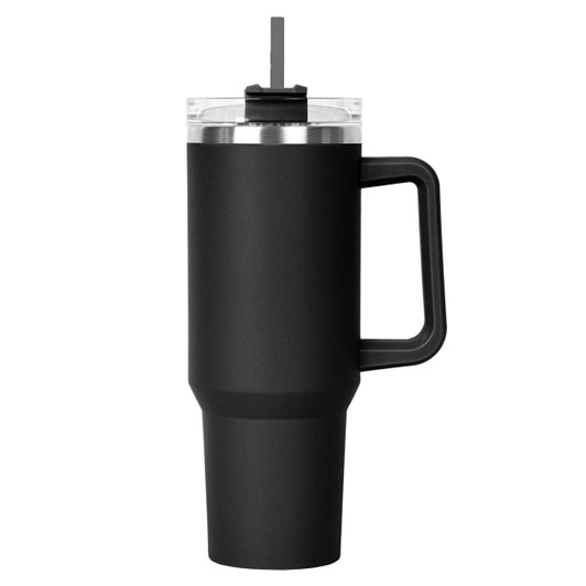 A black travel mug with a clear lid and straw, featuring a sturdy handle and a sleek design.