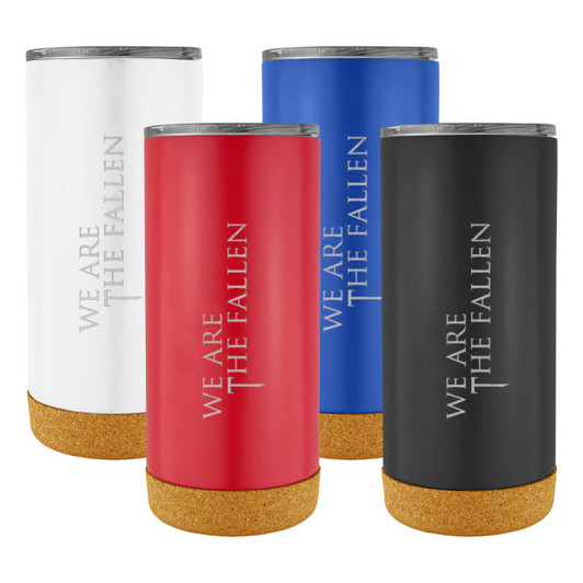 A set of four Cambridge mugs in white, red, blue, and black with cork bases and branding on the surface.