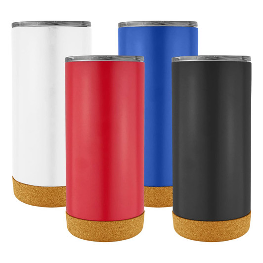 A travel mug set featuring white, red, blue, and black designs with cork base accents and a logo.