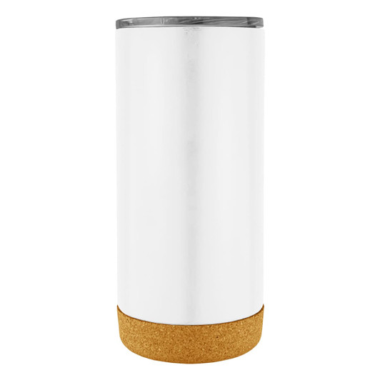 A travel mug with a sleek white body and a cork base, featuring a silver lid and a branding logo.