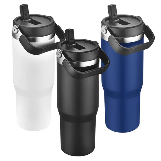 A drink bottle set featuring three travel mugs in white, black, and blue, each with a lid and handle.