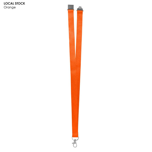 An orange Polyester lanyard, 20mm wide, featuring a clip and a logo, suitable for events and exhibitions.