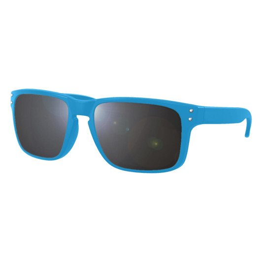 A pair of blue sunglasses with dark lenses, featuring a simple design and metal accents.