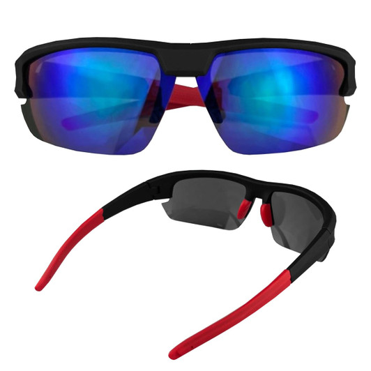Logan Shield sunglasses with black frames and mirrored blue lenses, featuring red accents on the arms.