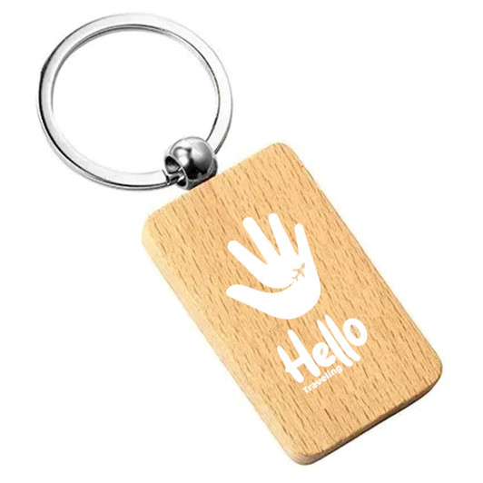 A wooden rectangular key ring with a silver metal loop and a handprint and text design.
