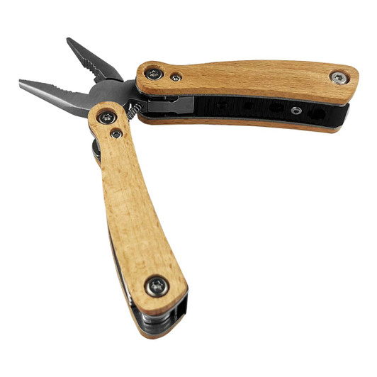 A compact knife with wooden handles and a black body featuring pliers and multiple tools. It includes a logo.