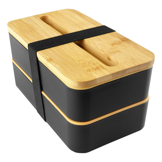 A black bamboo lunch box pack featuring a two-tier design secured with a black strap and a bamboo lid.