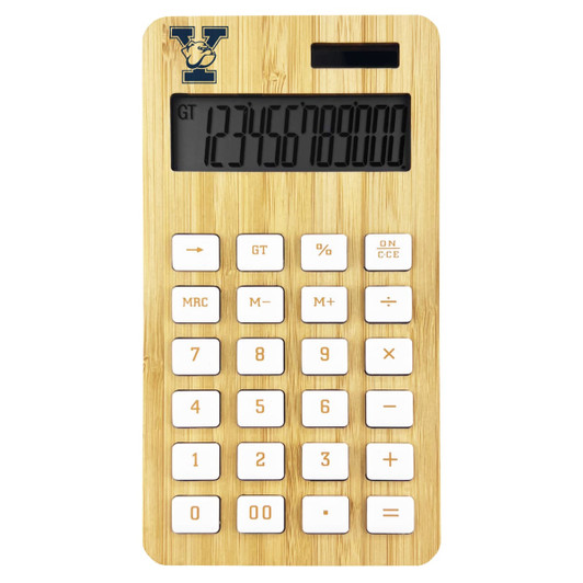 A bamboo calculator with an LCD display and white buttons, featuring a logo at the top.