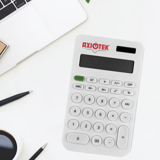 A white calculator with a logo, displaying numbers and various function keys, on a desk with a laptop and stationery.