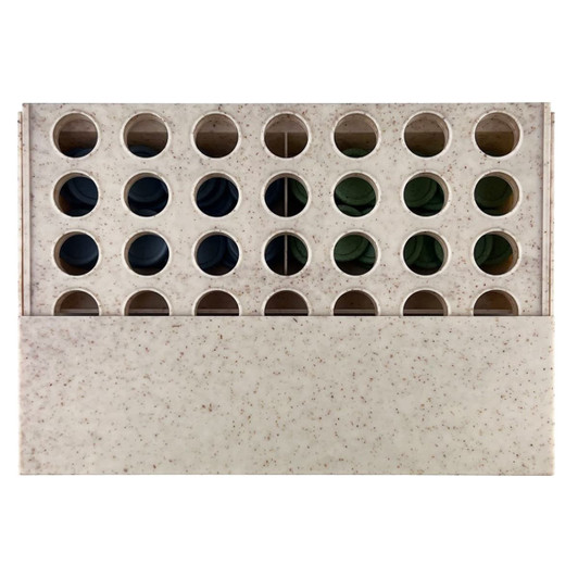 A Wheat Straw Connect Four game set featuring a speckled light beige frame with green and blue discs. It has a logo.