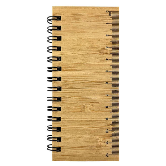 A bamboo sticky note pad with a spiral binding and a ruler printed on the side, featuring a natural wood finish.