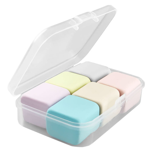 A clear plastic case containing six pastel-coloured rubber erasers in various shapes.