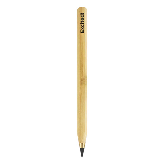 A bamboo pencil with a grey lead tip, featuring a sleek design and a branding logo.