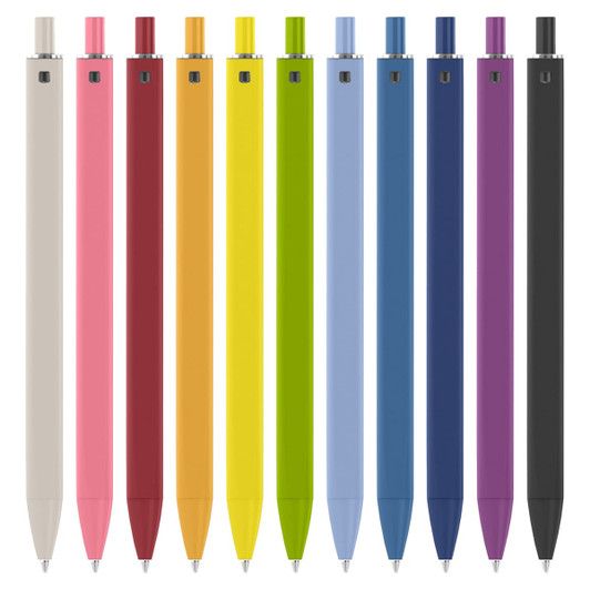 A collection of plastic pens in various colours including pink, orange, yellow, green, blue, purple, and black, with a logo.