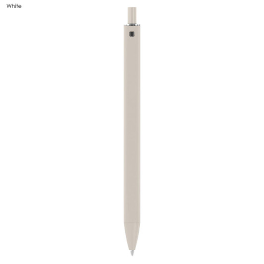 A white plastic pen with a sleek design and a subtle logo on the body.