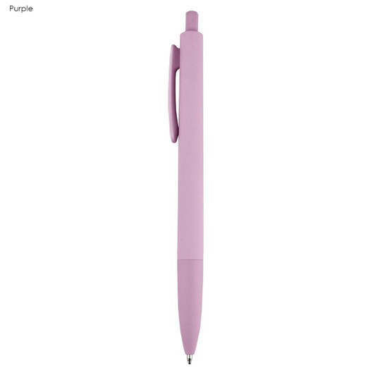A purple plastic pen with a smooth finish and a clip. It features a rounded body and a retractable tip.