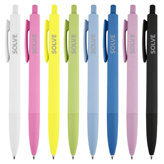 A collection of plastic pens in white, pink, yellow, green, blue, and black, featuring a logo on each pen.