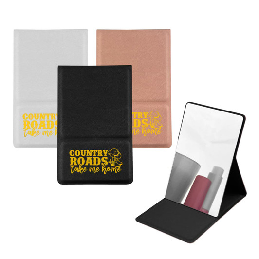 A compact mirror in white, rose gold, and black with a stand-up design and branding.