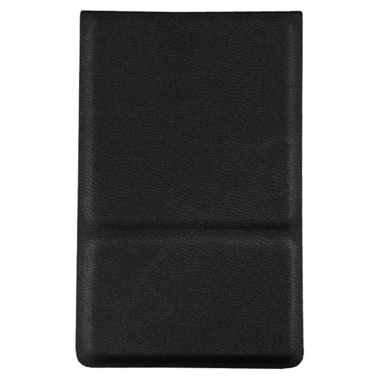 A compact mirror in a sleek black case featuring a textured surface and a branding logo.