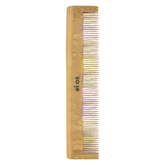 A bamboo comb featuring fine and wide teeth, showcasing a natural wood finish with a logo.