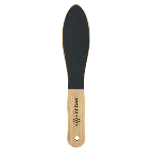 A wood foot file with a black sanding surface and a beige wooden handle, featuring a branding logo.