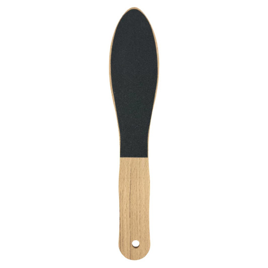 A wooden foot file featuring a black abrasive surface and a light wooden handle.