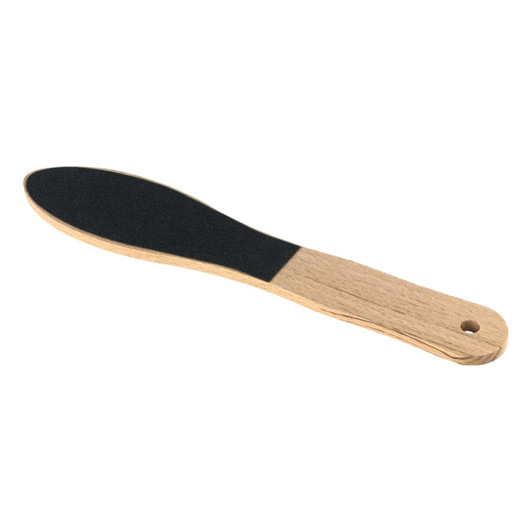A wooden foot file with a textured black sanding surface and a smooth handle.