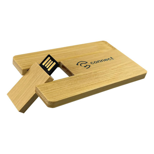 A bamboo USB flash drive with a 16GB capacity, featuring a black connector and a brand logo.