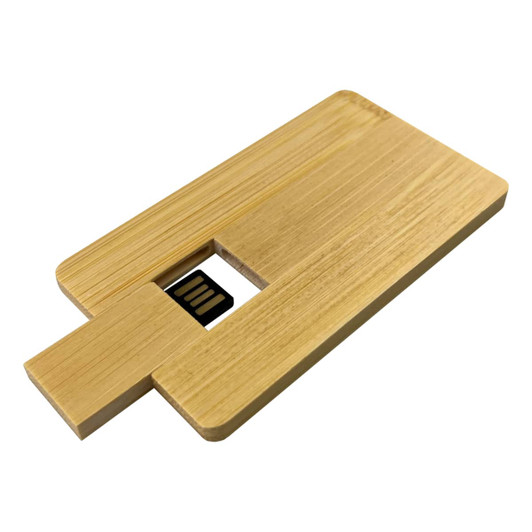 A bamboo USB flash drive in a slim card design, featuring a 16GB capacity and a logo on the surface.
