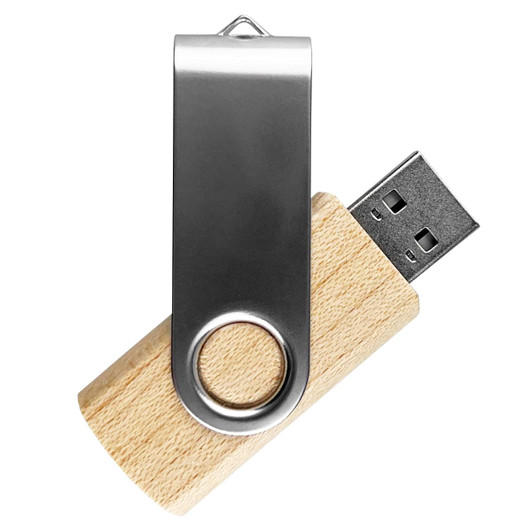 A bamboo and silver USB flash drive with a swivel cap, showcasing a natural finish and metallic accents.