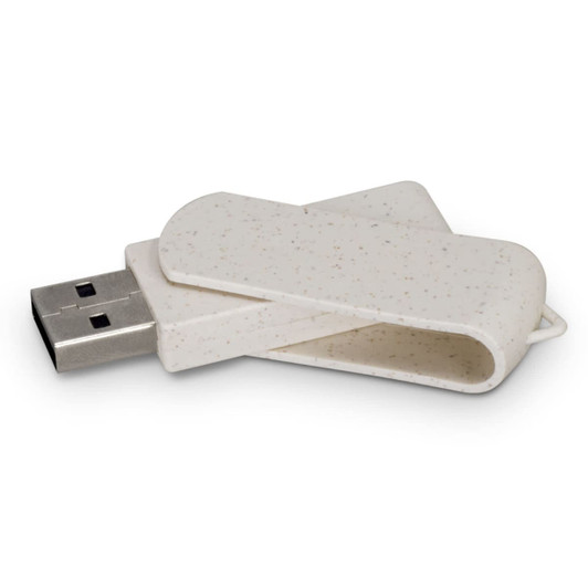 A white, eco-friendly 8GB flash drive with a clip design and a metallic USB connector.