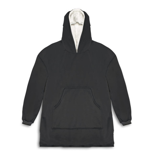A black hoodie with a plush, cream-lined hood and a front pocket. It features a logo on the design.