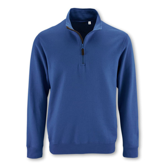 A unisex sweatshirt in navy blue with a half-zip neck and long sleeves. It features a small logo on the chest.