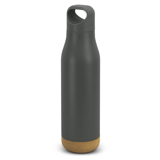 A drink bottle in a matte dark green finish with a cork base and a carry handle. It features a logo.