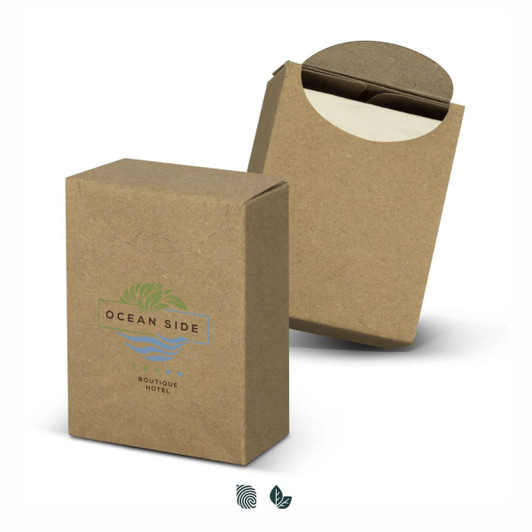 A kraft paper box containing travel tissues, featuring a logo and a simple design in green and blue.