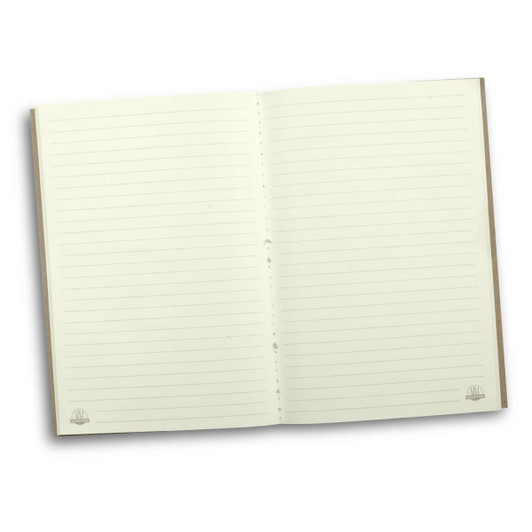 A soft cover notebook with lined pages, featuring a cream colour and a simple logo at the corners.